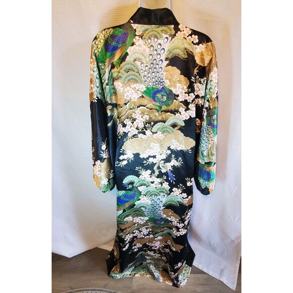 Rare Vintage Japan Long Black Kimono Peacocks Birds Black No Belt Unisex - Picture 4 of 16
